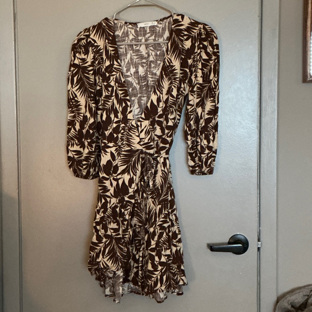 Mango Brown and Cream Leaf Print Dress